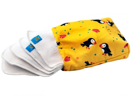 Woreczek na chusteczki wielorazowe + 5 chusteczek wielorazowych (PUFFINS) - zestaw